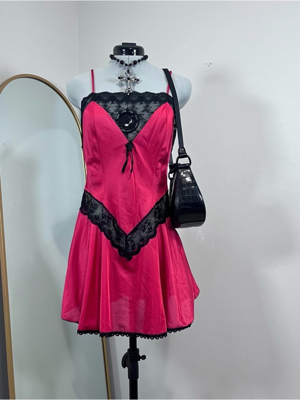 Vintage 70s Undercover Wear Red Intimate Black Lace Trim Lingerie Slip Dress